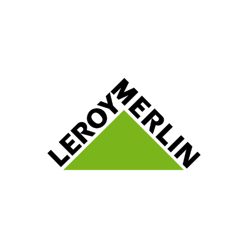 Logo de Leroy Merlin avec un triangle vert et le texte en noir.