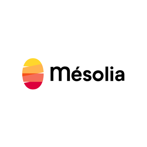 Logo de la marque Mésolia avec un design en forme d'ellipse et des couleurs jaunes, orange, rouges et noires.