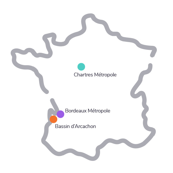 Carte de France avec les localités de Chartres Métropole, Bordeaux Métropole et Bassin d'Arcachon indiquées par des points colorés.